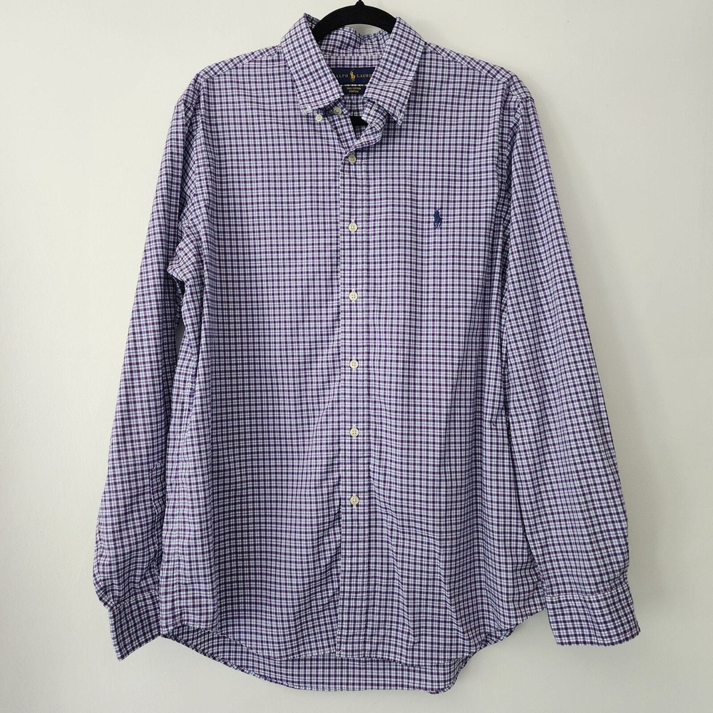 Ralph Lauren Button Down Purple Plaid Stretch Cotton Shirt Mens Large